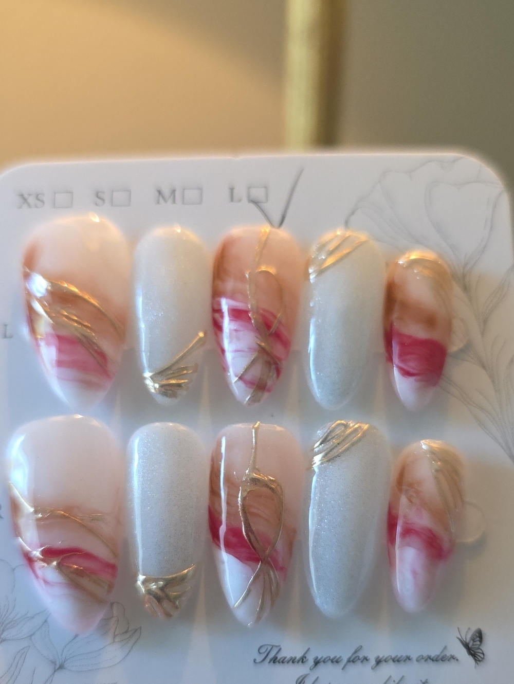 Hand-Painted Pink Marble & Gold Accent Press-On Nails Size Large